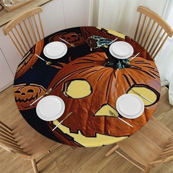 BANET Round Elastic Table Cover, Fitted Edged Polyester Stretched Round TableGreeting Halloween Card with Watercolor Pumpkins and Bats Fit for Round Table 54"-58