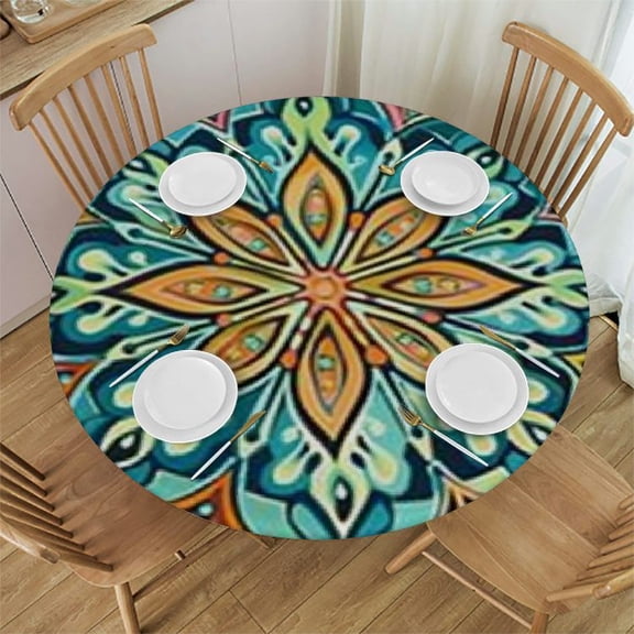 BANET Round Fitted Tablecloth with Elastic Edge Mandala Green Kitchen Table Cover Stain Wrinkle Resistant Washable Polyester Tablecloth Circle Outdoor Tablecloth 38"-42