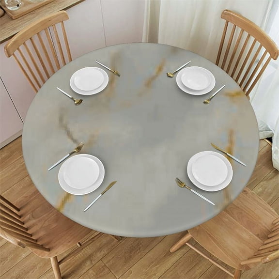 BANET Round Fitted Tablecloth, White Gold Marble Elastic Edge Home Decor Washable Polyester Tablecloth for Living Room Dining Room Use, Fit Round Tablecloth 42"-46