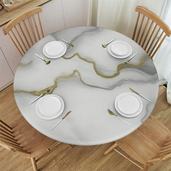 BANET Round Fitted Tablecloth, White Gold Marble Elastic Edge Home Decoration Washable Polyester Tablecloths for Living Room Dining Room Use, Fits Round Tablecloth 31"-35