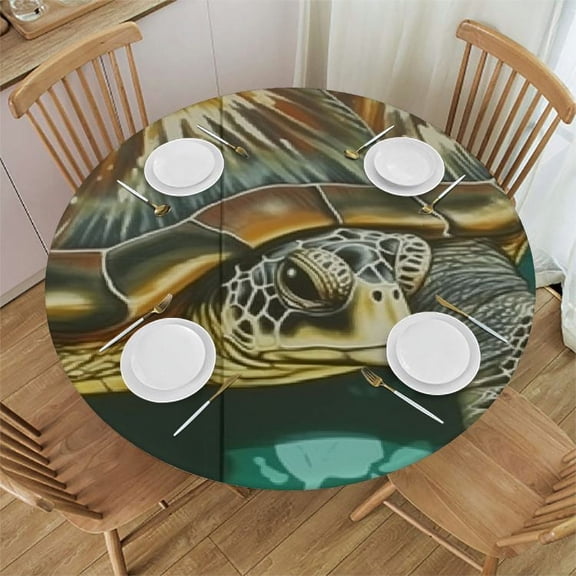 BANET Round Fitted Tablecloths, Vintage Sea Turtle Starfish Elastic Edge Home Decor Washable Polyester Table Cover for Use, Fits Round Tablecloth 38"-42