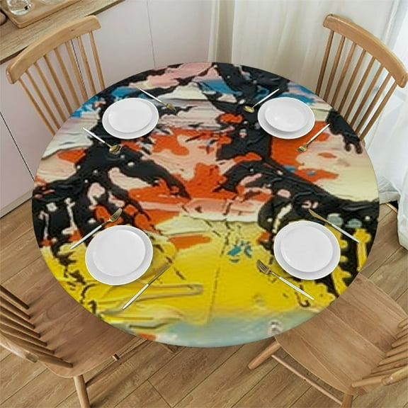 BANET Round Table Cloth Cover, Elastic Waterproof Fitted Table Covers for Round Tables, with Abstract Tie Dyeing Yellow Blue Tablecloth for Picnic, Camping, Indoor 31"-35