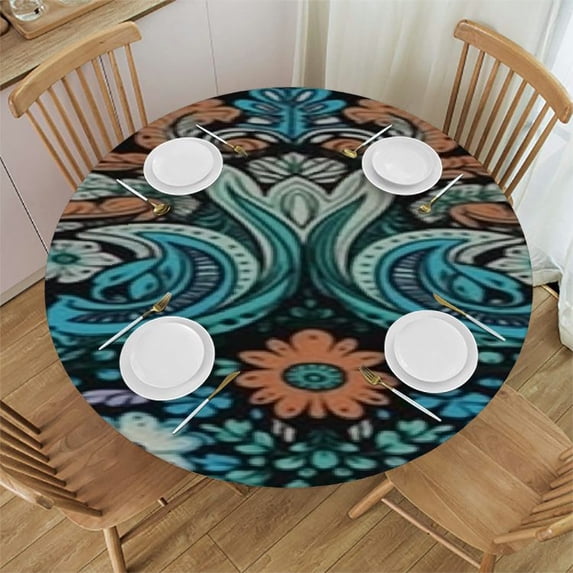 BANET Round Table Cloth Elastic Tablecloth for , Waterproof Stain Resistant Elastic Stretch Tablecloth with Traditional Floral Paisley Bandanna Pattern Black, Table Cover for Indoor and 54"-58