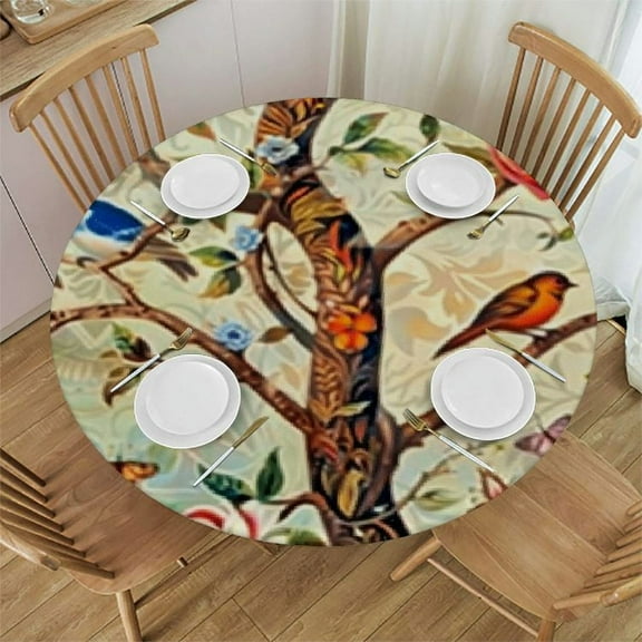 BANET Round Table Cloth Vintage Floral Bird Butterfly Tablecloth Elastic Edge Fitted Table Cover Fits Tables 31"-35