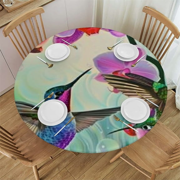 BANET Round Tablecloth Circular Table Cover Rainbow Hummingbirds Pink Orchids for Buffet Table, Home,Parties, Holiday Dinner 42"-46