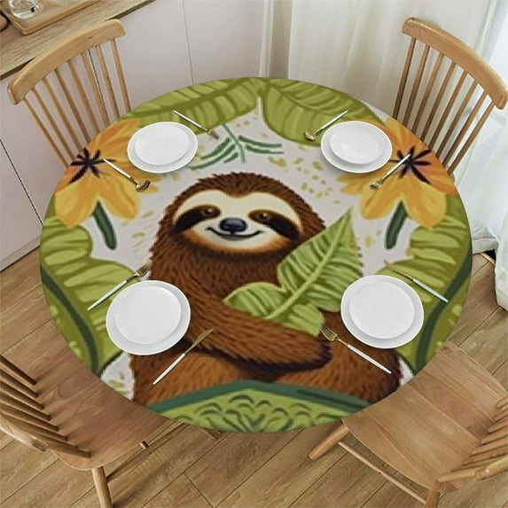 BANET Round Tablecloth Funny Sloth,Cute Sloths Sitting Tropical Leaves Washable Polyester Table Cloth Table Cover Decorations for Picnic,Kitchen,Holiday Party 42"-46