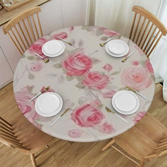 BANET Round Tablecloth Washable Pink Rose Valentine's Day Chic Waterproof Polyester Party Anti-Fading Table Cover 31"-35