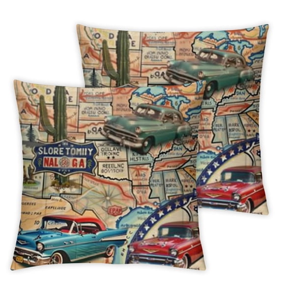 BANET  Route  Throw Pillow Cushion Cover Pack of 2, Old Fashioned Cars Motorcycle on a Map Road Trip Journey American USA Concept, Zippered Double-Side Digital Print Decor, Beige Red 22x22in