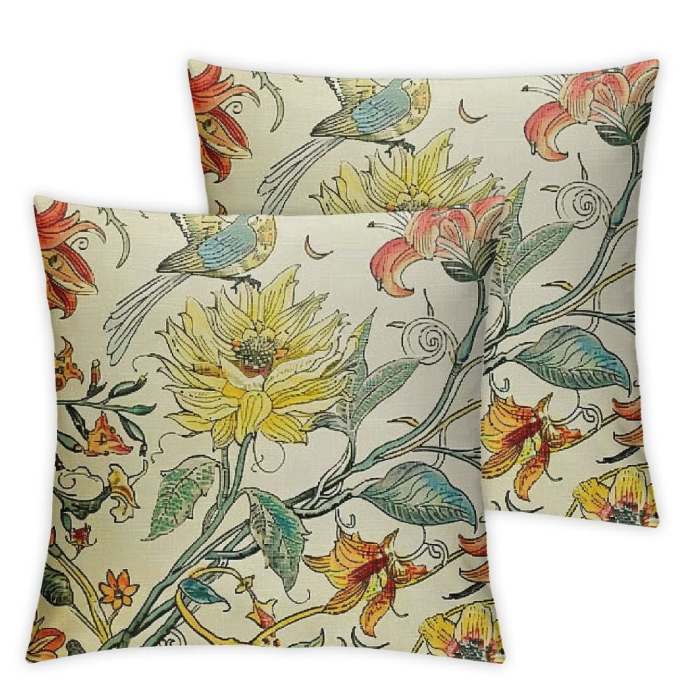Set of 2 Yellow and Print Decorative Throw Pillows Outdoor
