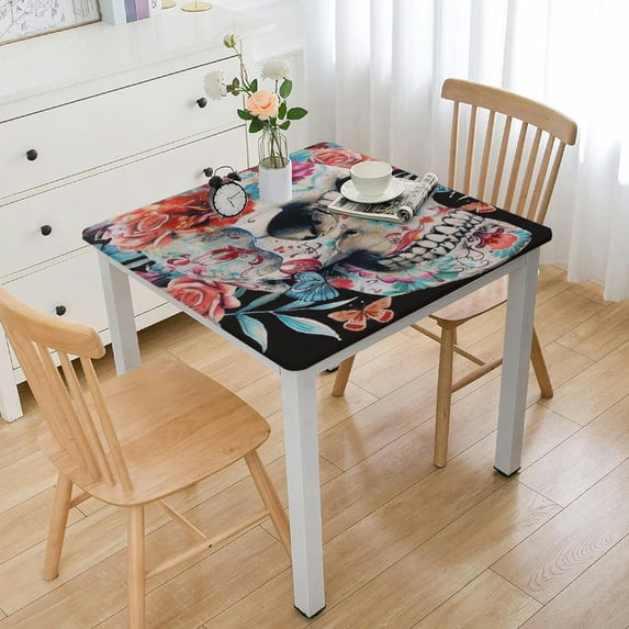 BANET Skull Roses Table Cover Washable s for Kitchen Dining Party white