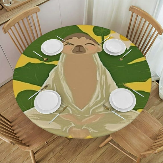 BANET Sloth Meditates with Tropical Monstera Leaves Flowers on Yellow Round Table Cloth, Circle Table Dinner Tablecloth, Desk Cloth Cover for Home Party Wedding 46"-50