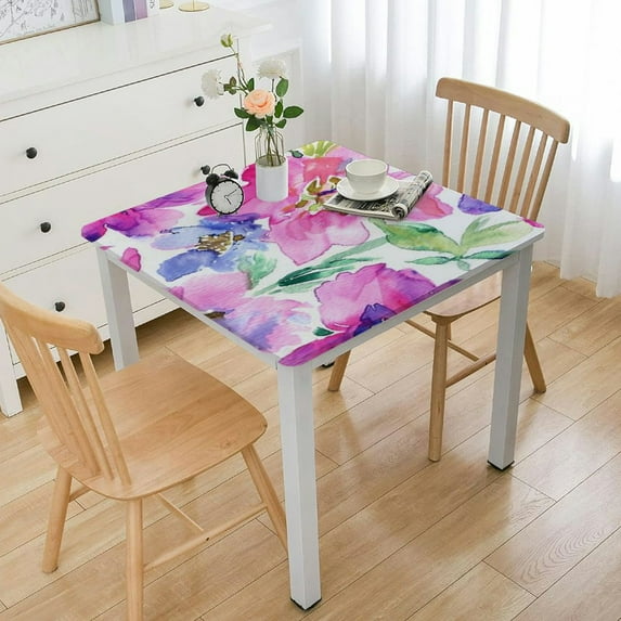 BANET Spring Floral Square Fitted Tablecloth with Elastic Edge Flower Card Table Cover Outdoor Square Wipeable Card Table Tablecloth for Indoor Home Kitchen Decor white