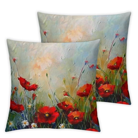 BANET  Spring Flower Decorative Pillow Covers, Crimson Red Poppy Primitive Nature Retro Seeds Spring Double Sided Throw Pillow Covers Sofa Cushion Cover Square(Set of 2) 18x18in