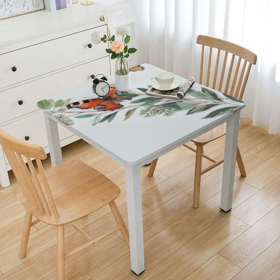 BANET Spring Summer Floral Square Watercolor Butterfly Flower Table Cloth Washable Farmhouse Table Covers Dinner Room Picnic Outdoor Decor white