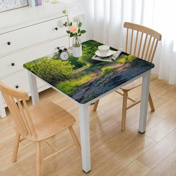 BANET Spring Tablecloth, Path in Forest by The Lake Sunlight Reflecting on Fresh Leaves Tranquil Image, Dining Room Kitchen Rectangular Table Cover White