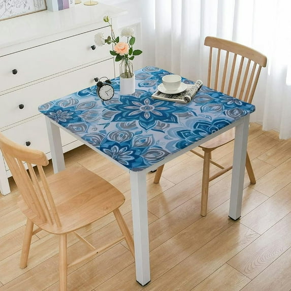 BANET Square Elastic Tablecloth, Indoor Outdoor Wipeable Fitted Patio Table Covers for Square Tables (Fits Square Tables) Blue