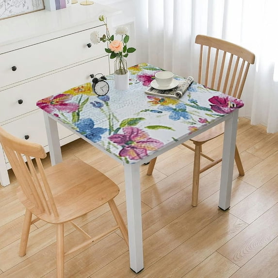 BANET Square Fabric Tablecloth, Spring Blooming Petals, Easy Care and Stain Resistant Bordered Table Cloth, Pastel Floral Blooms white