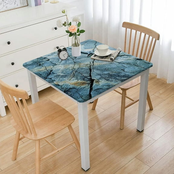 BANET Square Fitted Tablecloth, Architecture Floor Faded Picture Elastic Edge, Can Wipe Indoor/Outdoor Dining Table Cover, Fit for Square Table Light Blue white
