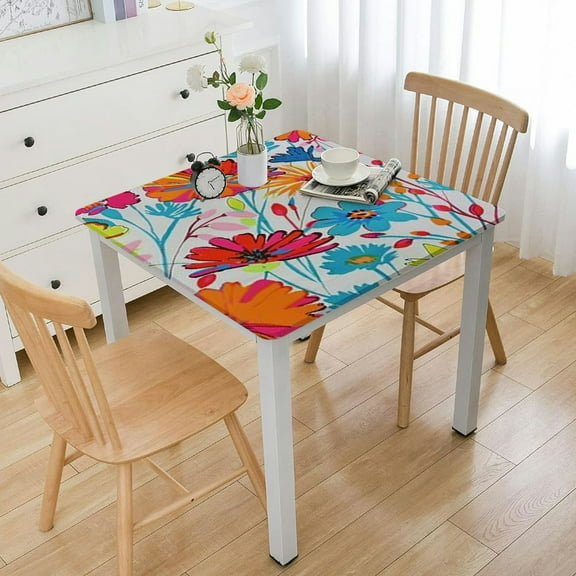 BANET  Square Fitted Tablecloth with Elastic Edge, Waterproof Oil Proof Square Table Cover, Vinyl Flannel Backed Table Cloth Fits Square Tables for Dinner, Outdoor, Picnic, Flowers white