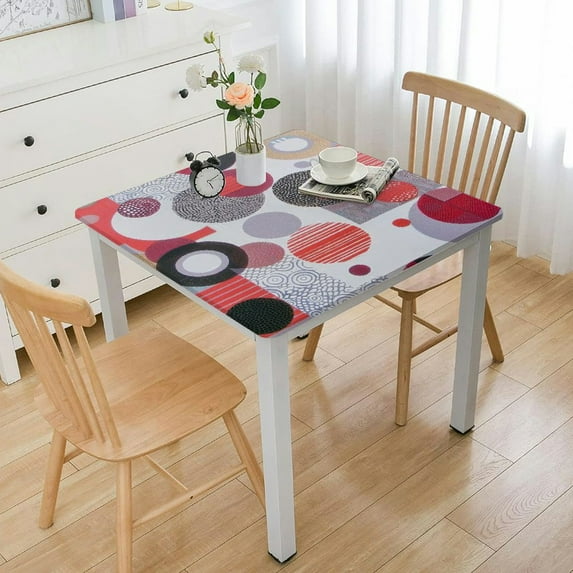 BANET Square Fitted Tablecloth Geometry Table Cover with Elastic Edge Abstract Circles Daily Table Cloth Card Table Topper for Home Kitchen Dining white