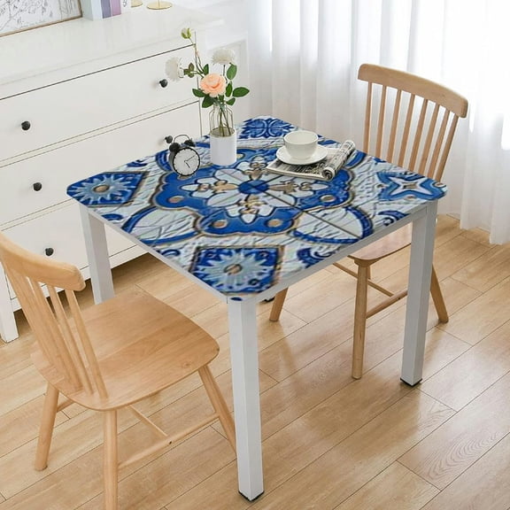 BANET  Square Table Blue White Patchwork Tile in Spanish Style,Cotton Linen Square Table  Decoration for Kitchen Family Dinner Table Holiday Party Farmhouse Style white