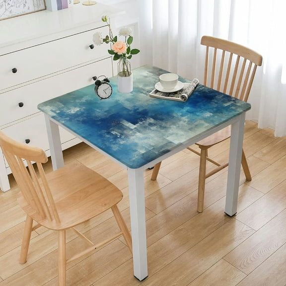 BANET Square Table Geometric Abstract Oil Painting Style Blue Heat-Insulation Table Burlap Table Cover Dresser Scarf for Dinner,Banquet Decorations,Wedding White