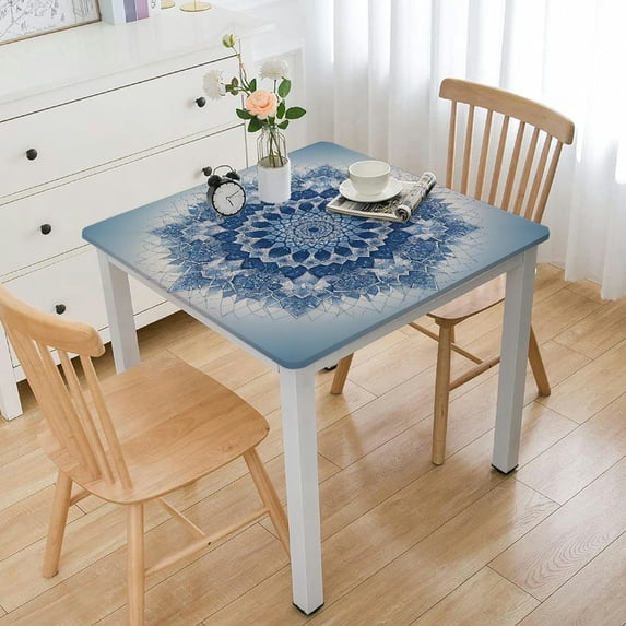 BANET Square Tablecloth, Blue Geometric Square Table Cover, Waterproof Wipe-Clean Oil-Proof Wrinkle Free Polyester Table Protection for Kitchen Home Picnic Party Camping White