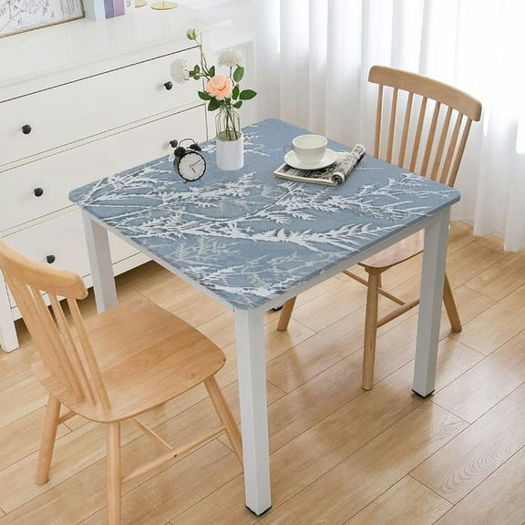 BANET Square Tablecloth Fitted with Backing - Misty Leaves Grey - Wipeable Table Cover -Fits Square Tables white