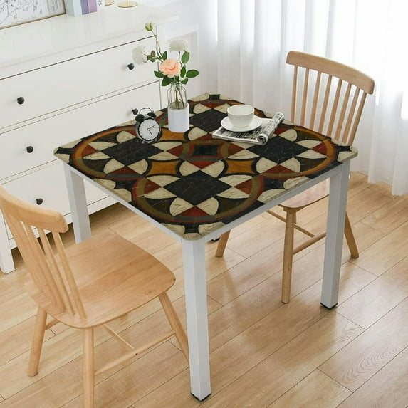 BANET Square Tablecloth, Pattern of Squares Checkered Design Geometrical Elements, Circle Table Cloth Cover for Dining Room Kitchen Decoration White