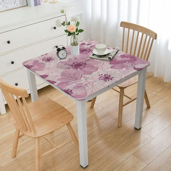 BANET Square Tablecloth Pink Flower Print Water Resistant Spill Proof Washable Polyester Table Cloth Decorative Fabric Table Cover for Dining Table White
