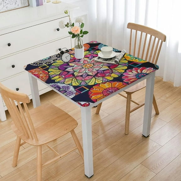 BANET Square Tablecloths Elastic Edged Pink Flower Square Frame Tablecloths Washable Reusable Tablecloths for Kitchen Picnic Party white