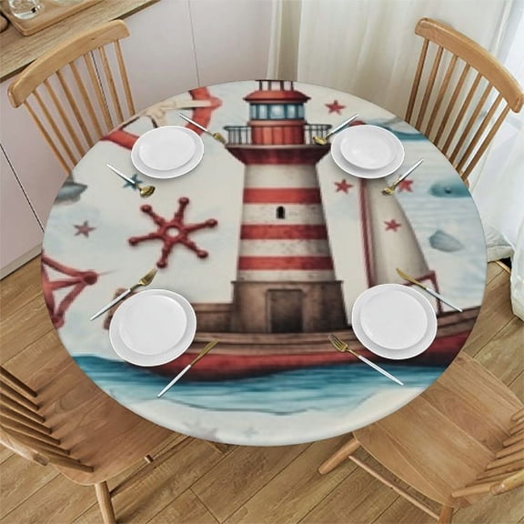BANET Starfish Fish Round Tablecloth,Lighthouse Anchor Boat Circle Table Cloth Polyester Waterproof Stain Table Cover for Home Kitchen Dining Party Pinic Patio Outdoor Decor 38"-42