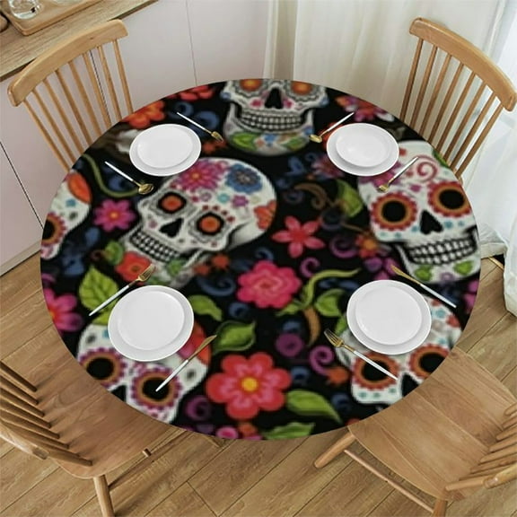 BANET Sugar Skull Round Table Cloth,Day of The Dead Tablecloth Waterproof Stain Resistance Wrinkle Polyester Circle Table Cover for Home Kitchen Dining Party Camping Pinic Decor 31"-35
