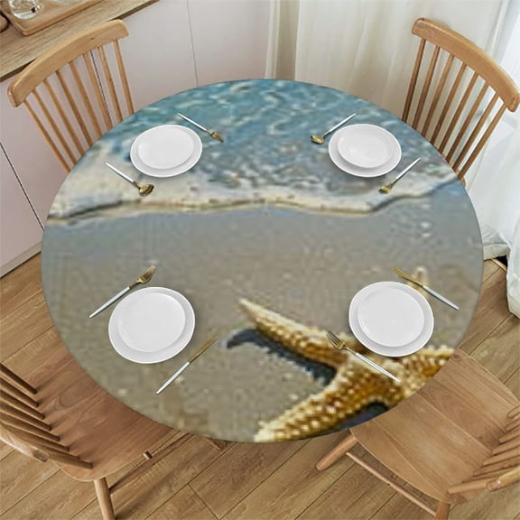 BANET Summer Beach Round Tablecloth Sea Wave Starfish On Sand Table Cloth Polyester Tablecloths for Home Decor, Parties, Picnic 31"-35