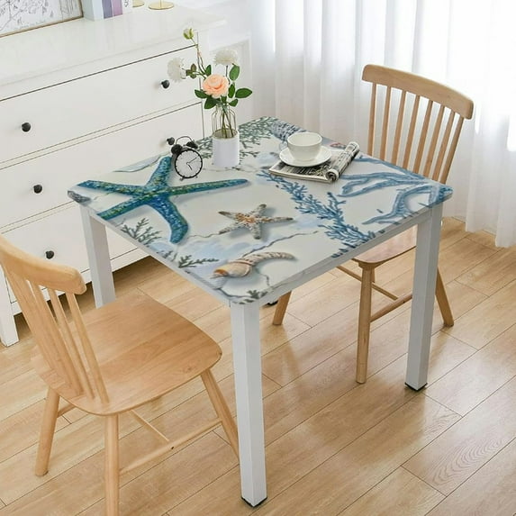 BANET Summer Coastal Square Tablecloth,Fitted Table Cover Waterproof Reusable Table Cloth with Elastic Edge for Kitchen Dining Party Marine Theme Tablecloths white