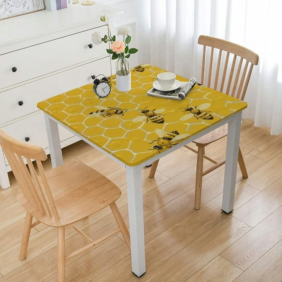 BANET Summer Outdoor Tablecloth Square,Mustard Yellow Bee Table Cloth,Stain Resistance Polyester Honeycomb Farmhouse Table Covers for Kitchen Dining,Small Tablecloth for Parties Picnic white