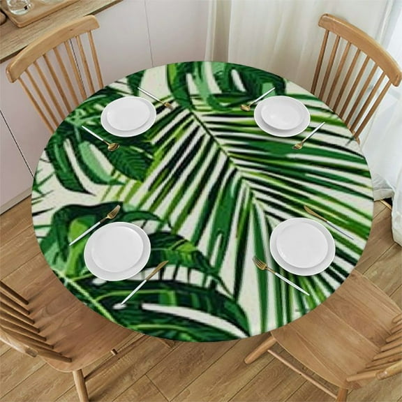 BANET Summer Tropical Palm Leaf Tablecloth Round Vinyl Watercolor Spring Green Leaves Table Cloth Waterproof Fabric Hawaiian Outdoor Tablecloths Decorative for Holiday Home Party Picnic 31"-35