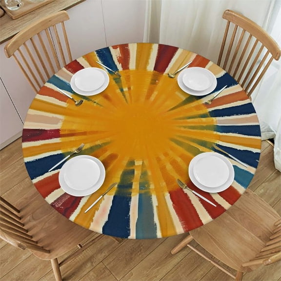 BANET Sun Boho Colorful Table Cloth Vintage Rainbow Stripes Rustic Bohemian Round Tablecloth Retro 70S Farmhouse Washable Table Cover for Dinning Outdoor Indoor Decoration 46"-50