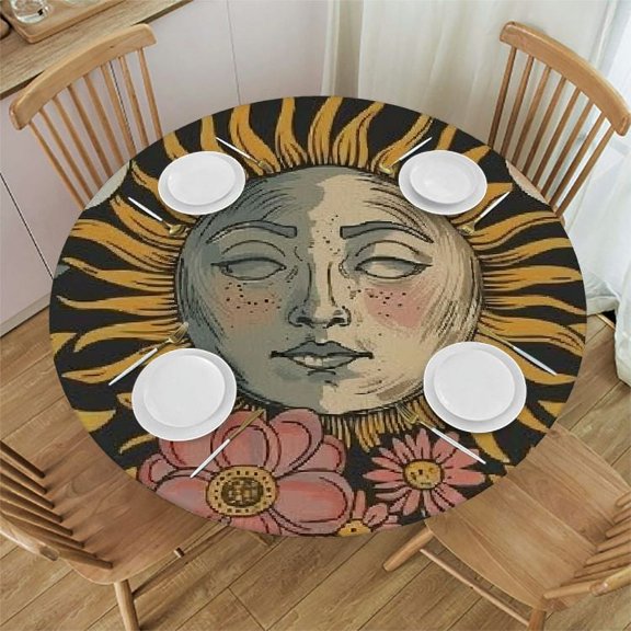 BANET Sun Moon Table Cloth, Magical Sun with Flowers Boho Round Tablecloth for Home Kitchen Dining Room Party Outdoor Picnic 38"-42