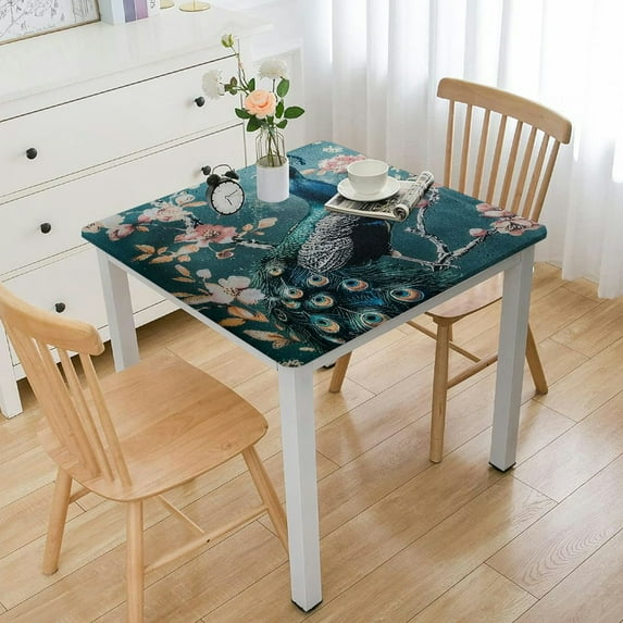 BANET Table Cover Premium Decorative Square Tabletop Tablecloths Washable for Kitchen, Party, Wedding, Restaurant & Camping - Peacock Utopia - Deep Sea white