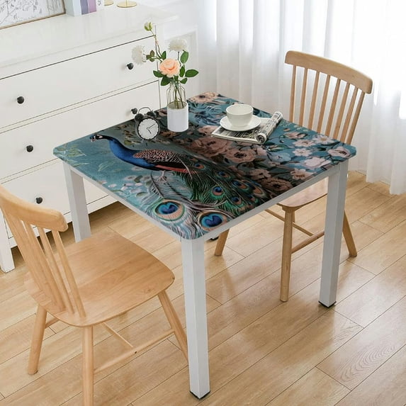 BANET Table Cover Premium Decorative Square Tabletop Tablecloths Washable for Kitchen, Wedding, Restaurant & Camping - Peacock Utopia - Pastel Turquoise white