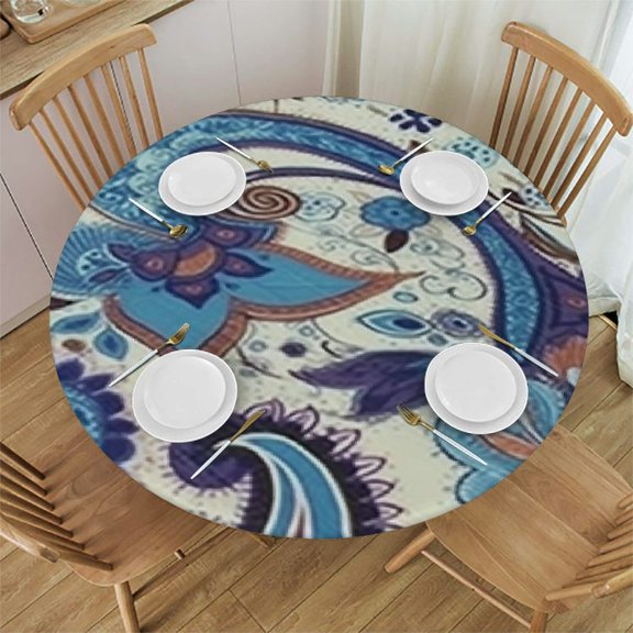 BANET Tablecloth with Elastic Edge for Round Table, Round Table Cloth Washable Reusable Table Cover with Traditional Floral Paisley Bandanna Pattern Blue White for Kitchen Dining Party Picnic 31"-35