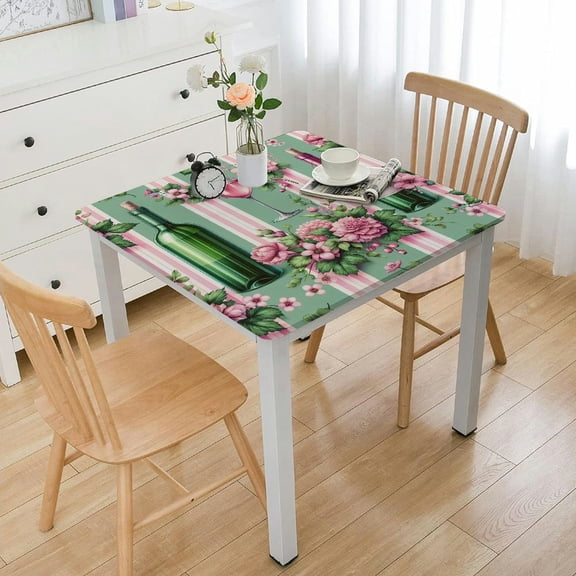 BANET Tablecloth, Floral Pattern Bottles of Wine and on Striped Background , Dining Room Kitchen Rectangular Table Cover, Pale Green