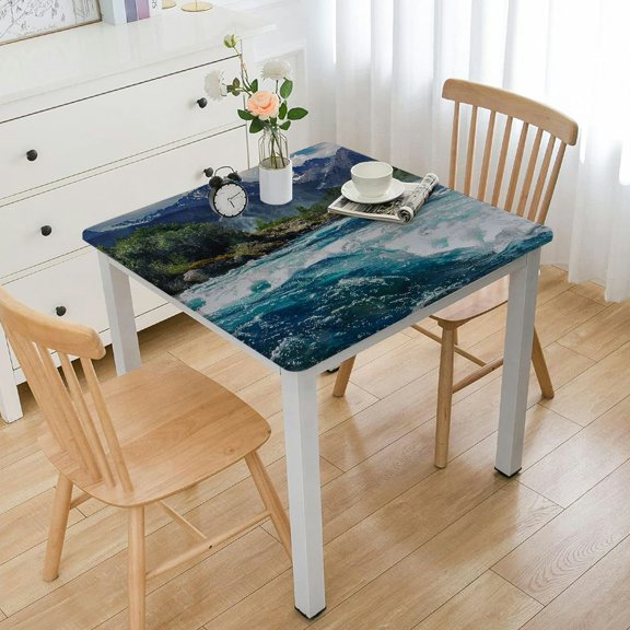 BANET Tablecloth, Flowing River Rapids Cloudy Snowy Mountain Forest Trees Theme, Dining Room Kitchen Rectangular Table Cover White