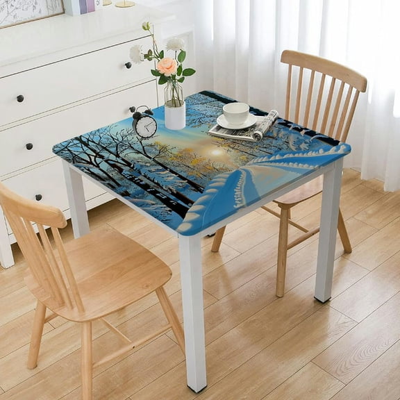 BANET Tablecloth, Forest View Graphic Display Print with Snowy Path Between Trees and on Sky, Rectangular Table Cover for Dining Room Kitchen Decor White