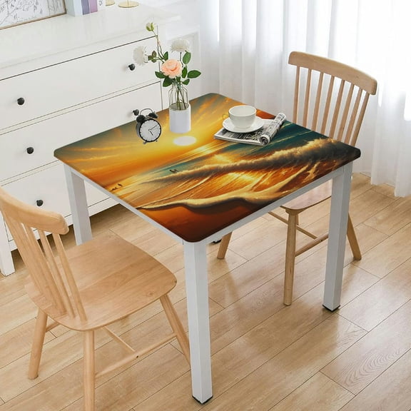 BANET Tablecloth Rectangle, Sunset Wave Summer Table Cloth Waterproof and Washable Table Cover for Outdoor Picnic, Parties &amp; Events - Sea Seaside Sunrise Scene Tabletop Decoration White