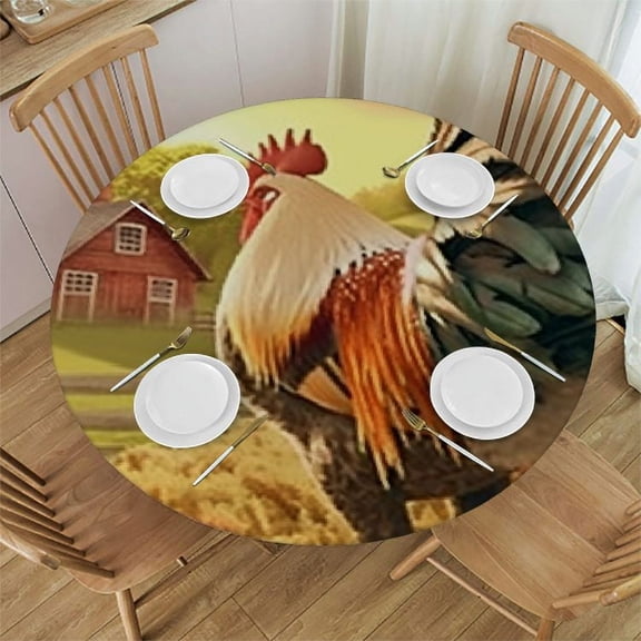 BANET Tablecloth Round Rooster Table Cloth Sunrise Rooster Hen Farm Fence Table Cover for Dining Room Kitchen Decoration Round Tablecloths 38"-42