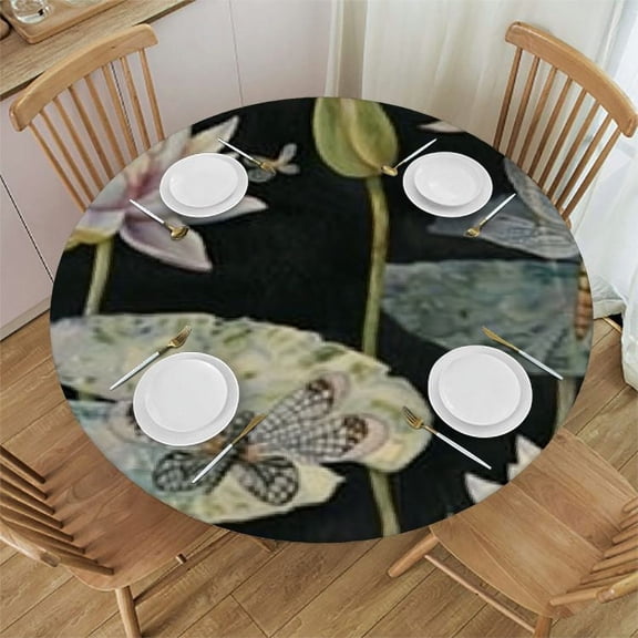 BANET  Tablecloth Watercolor Lotus Dragonfly Polyester Fabric Table Cover Non Slip Table Cloths for Round Tables Dining Wedding Birthday Parties Patio Decor 42"-46