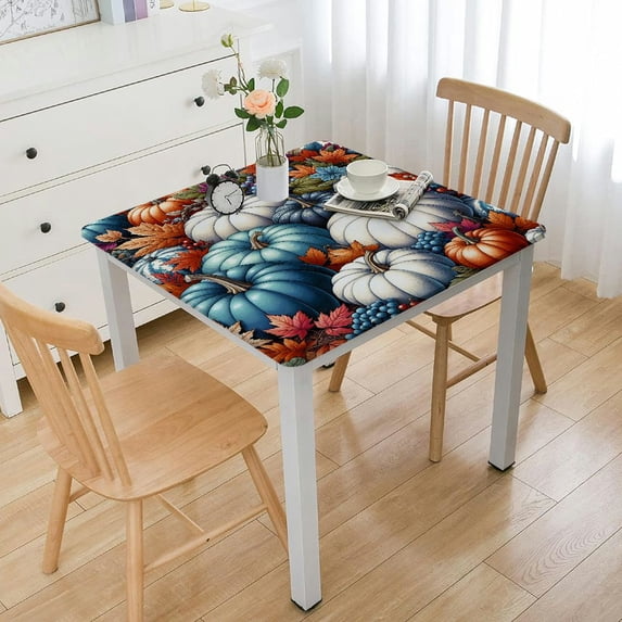 BANET Thanksgiving Day Fitted Table Cover for Dining Tables,Elastic Edged Tablecloth Leaf Branch and Pumpkins Waterproof Oil Proof Tables Cover Cloths for Dinner Party Farm