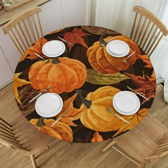 BANET Thanksgiving Fall Round Tablecloth Autumn Pumpkin Tablecloth Waterproof Polyester Fallen Leaves Print Decorative Table Cloth for Dining Room Outdoor Patio Party 31"-35